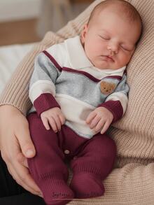 Cozy Pixies Romper Rajut Musim Gugur untuk Bayi Baru Lahir, Motif Patchwork Bertekstur, Blok Warna, Garis-garis, Kerah, dan Pola Beruang Kartun - Burgundy - View 1