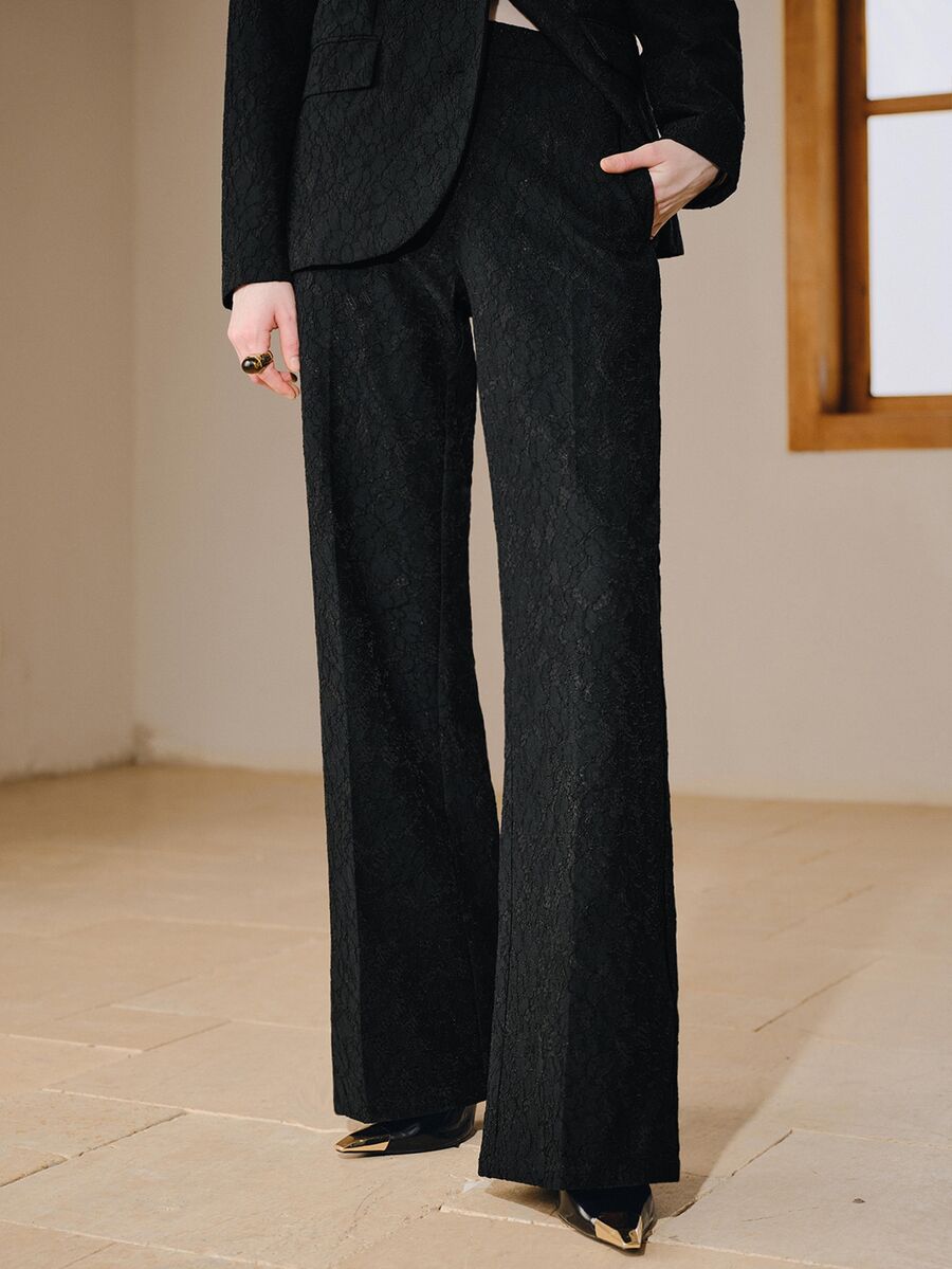 Anewsta Women's French Elegant Lace Embroidered High Waist Versatile Commute Slimming Flared Wide Leg Pants - Black - View 1