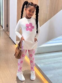 Tween女孩寬鬆長袖側開衩修身內搭褲2件套，卡通圖案 - 白色 - 查看 3