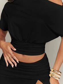Denimoi 2 Pieces Set Asymmetrical Skirt And Off Shoulder Top Matching Set Vacation Outfits Brunch Summer - Black - View 12