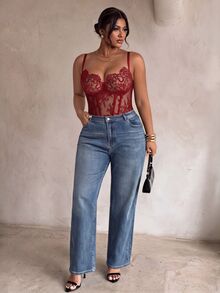 Firerie Plus Size Sexy Lace Boning Slim Fit Bodysuit For Hot Girls - Burgundy - View 6