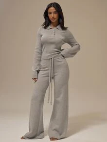 MUSERA ESSENTIALS 麻灰自綁抽繩羅紋彈性腰寬腿長褲 針織基本款居家休閒日常必備 秋季 - 淺灰色 - 查看 1