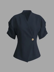 GlowEve 春夏女款新款V領交叉金屬扣收腰不對稱下擺設計小眾優雅通勤法式風襯衫 - 藏蓝色 - 查看 6