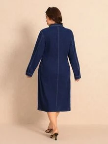 Elaquor Plus Size Women's Long Sleeve Single-Breasted Casual Denim Dress - Blue - View 3