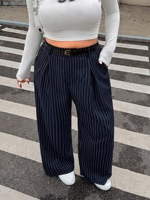 SHEIN EZwear Pantalones de pierna ancha casuales con cierre de botones y cinturón en unicolor para otoño/invierno en talla grande - Azul Marino - Ver 6