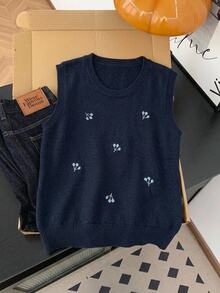 SHEIN CURVE+ Women's Solid Color Embroidered Round Neck Sweater Vest, Autumn/Winter Fall - Navy Blue - View 3