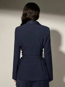 Aveloria Modichic 緞面拼接前綁帶女款西裝外套，優雅休閒西裝外套 + 休閒喇叭褲套裝，晚餐與職場穿搭，海軍藍，夏季 - 藏蓝色 - 查看 2