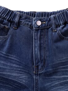 SHEIN 青少年男孩牛仔休閒街頭風日常都市街頭風格彈性腰破損直筒寬腿牛仔褲，適合學校假期，藍色，夏季 - 深色水洗藍 - 查看 6