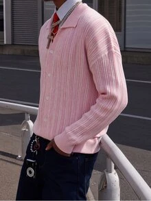 Manfinity LEGND 男士休閒純色翻領落肩長袖粉色開襟羊毛衫，秋冬款 - 彩色 - 查看 3