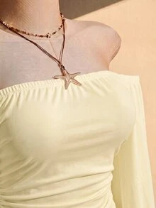 SHEIN ICON 女款大尺碼純色抓皺露肩上衣 - 淡黃色 - 查看 7