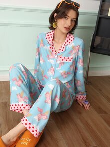 Chillnights Women's Cloud Unicorn Contrast Color Heart Print Lapel Long Sleeve Pants Pajama Set - Blue - View 6