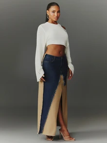 NYA SZN Women's Colorblock Pocket Frayed Hem Split Denim Skirt - Multicolor - View 3
