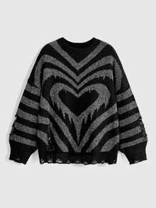 ROMWE Goth Dark Street Style Plus Size Women's Sweater With Heart Pattern And Distressed Design, Loose Round Neck Knit Top For Autumn/Winter - Multicolor - View 1