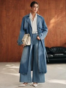 Anewsta Women's Lapel NeckLong Sleeve Casual Long Denim Jacket - Blue - View 2