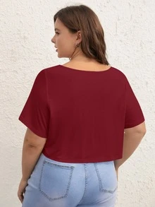 SHEIN BASICS 大尺碼純色V領短版T恤女款夏季上衣套裝 - 酒紅色 - 查看 2