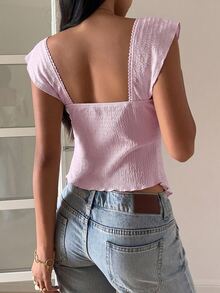 SHEIN EZwear Women's Solid Color Sweetheart Neckline Short Flutter Sleeve Ruffle Hem Top - Pink - View 2