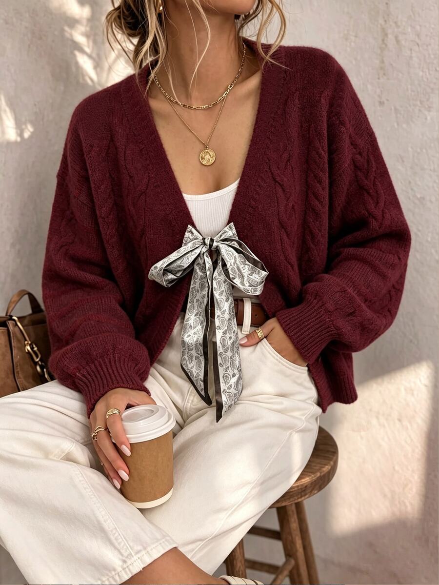 SHEIN Women's V-Neck Twisted Rope Shoulder Paisley Ribbon Tie Long Sleeve Cardigan Sweater - Burgundy - View 1