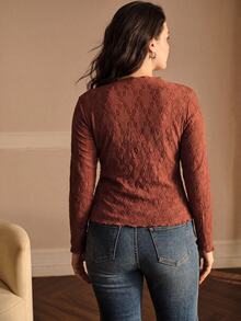 MOTF PREMIUM PLUS SIZE SOLID JACQUARD LETTUCE TRIM LONG SLEEVE T-SHIRT FALL - Coffee Brown - View 6