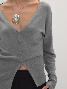 MUSEYN Cardigan Rajut Kasual Wanita Warna Polos Lengan Panjang Model Bahu Longgar Kancing Tunggal - Grey - View 3