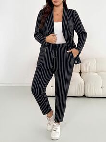 SHEIN Essnce 大尺碼時尚通勤條紋夾克與長褲兩件套 - 黑色 - 查看 6