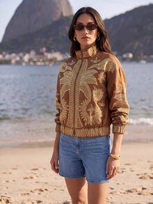 CAJUNI Jaket Lengan Panjang Kasual Motif Bunga untuk Wanita, Cocok untuk Sehari-hari - Coklat - View 3