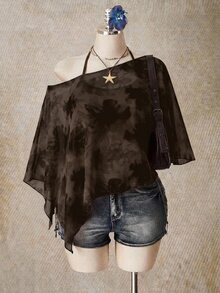 SHEIN ICON 女款休閒極簡棕色花卉圖案大尺碼網紗上衣 - 彩色 - 查看 1