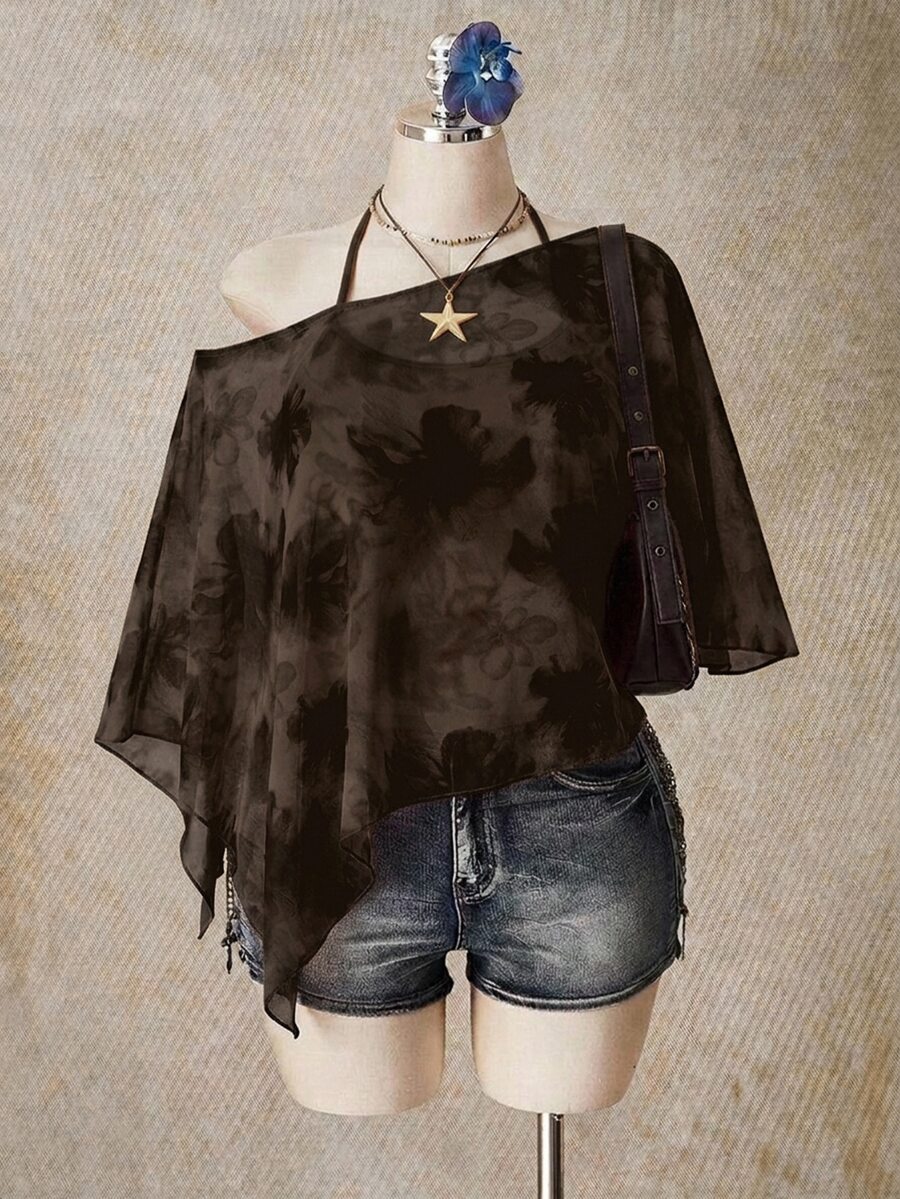 SHEIN ICON 女款休閒極簡棕色花卉圖案大尺碼網紗上衣 - 彩色 - 查看 1