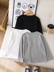 SHEIN 3件組兒童男童休閒舒適風紋理布料木紋細節鈕扣 Polo 衫圓領長袖 T-shirt 多件套裝 3 色各 1 件/組 適合居家休閒外出街拍玩耍 2 件套 - 彩色 - 查看 2