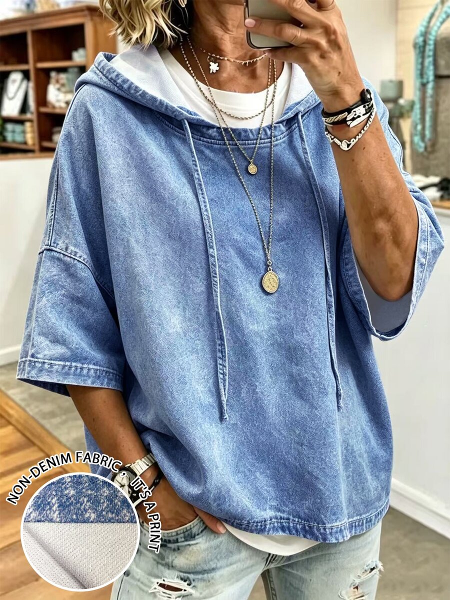 Breezaya Plus Size Women's Denim Effect Print Drop Shoulder Drawstring Hooded Loose Sweatshirt - Blue - View 1