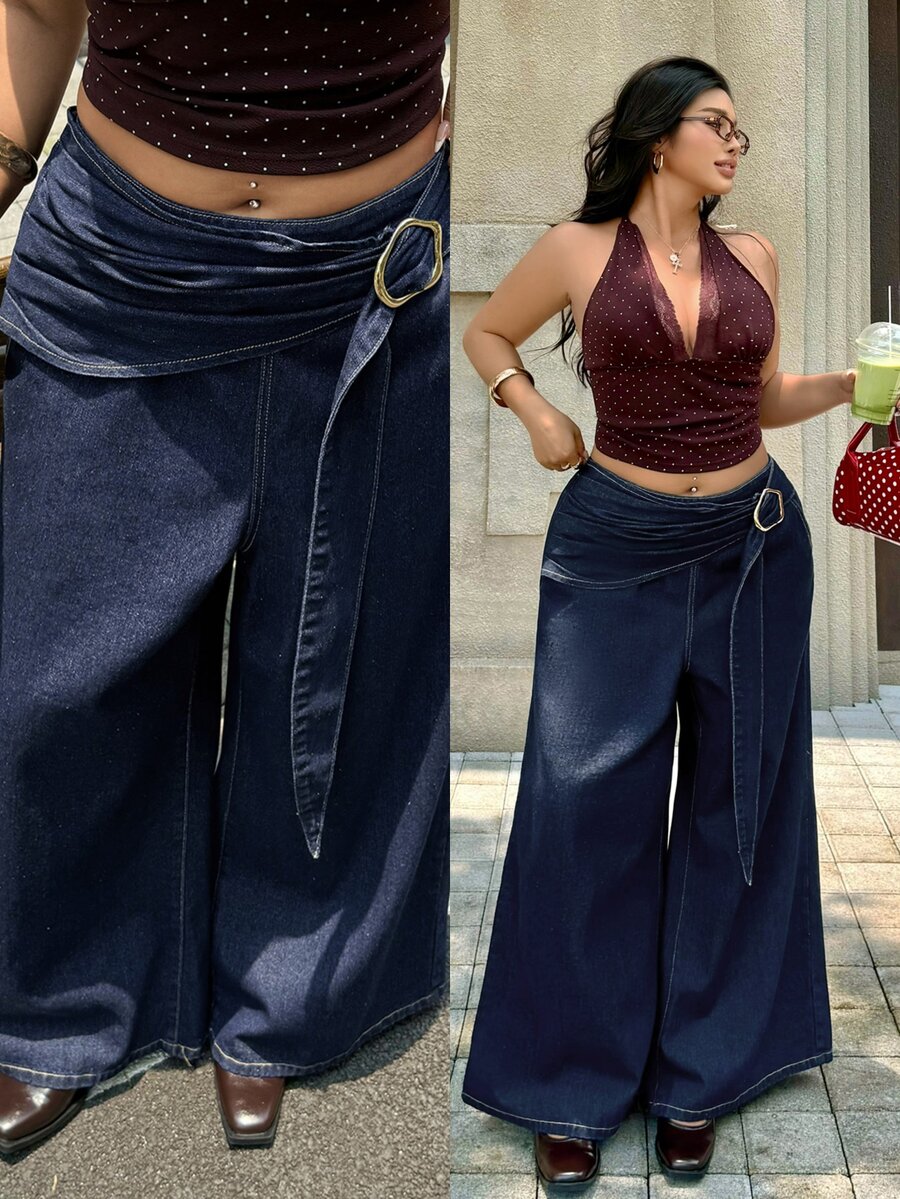 Rivivi Plus Size Women Non-Stretch Denim Straight Leg Pants With Metal Button Decor, Cowboy Outfits For Women - Dark Wash - View 1