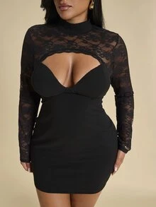 SHEIN BAE CURVE Plus Size Women's Black Lace Patchwork Short Dress,Halloween Elegant Black Lace Long Sleeve Backless Dress, Autumn Lace Black Dress, Sexy Black Dress - Black - View 12