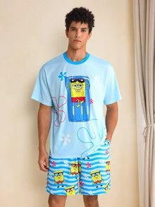SpongeBob SquarePants | SHEIN Men's Cartoon Print Top And Shorts Loungewear Set - Baby Blue - View 1