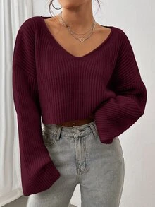 SHEIN Unity 女款純色不對稱肩休閒日常長袖針織衫 - 紅色 - 查看 4