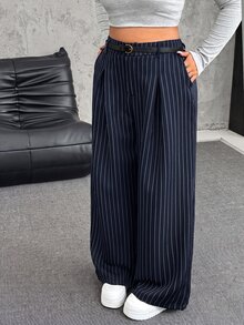 SHEIN EZwear Pantalones de pierna ancha casuales con cierre de botones y cinturón en unicolor para otoño/invierno en talla grande - Azul Marino - Ver 1