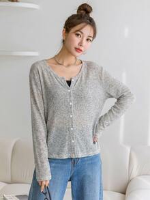 DAZY Atasan Lengan Panjang Wanita Warna Polos Kasual Serbaguna untuk Pemakaian Sehari-hari di Musim Gugur - Light Grey - View 3