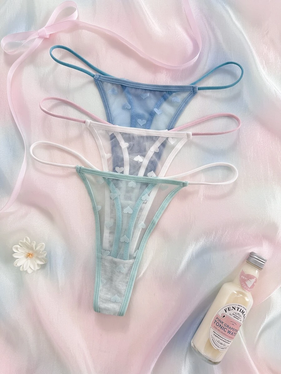 SHEIN Romantic Lace Japanese Style Colorful Contrast Color G-String Panties 3pcs/Set - Multicolor - View 1