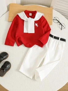 SHEIN 男嬰 3 件組秋冬休閒時尚學院風 POLO 衫套裝，含披肩與腰帶，嬰兒冬季服飾，聖誕、生日穿著，洗禮禮服 - 紅色 - 查看 7