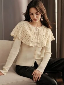Anewsta Women's Fall/Winter Elegant French White Button Up Long Sleeve Shawl Cardigan For Church Ceremony - Apricot - View 7