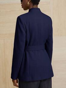 Aveloria Modichic Small Stand Collar Tweed Single-Breasted Metal Button Decor Belted Utility Jacket - Navy Blue - View 2