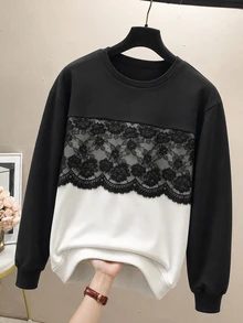 Modelyn 秋冬對比蕾絲圓領寬鬆落肩長袖上衣，小眾設計修身女款衛衣 - 彩色 - 查看 5
