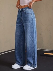 SHEIN Celana Jeans Denim Wanita Kasual Sehari-hari dengan Potongan Lebar, Dilengkapi Saku dan Kancing - Medium Wash - View 4