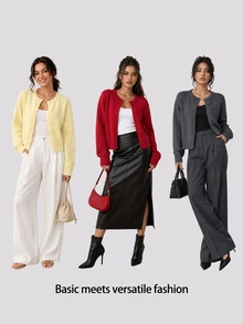 SHEIN BASICS 女款素色長袖單排扣休閒針織開襟衫 - 酒紅色 - 查看 7