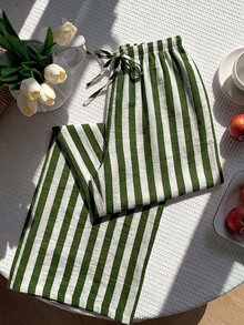 SHEIN EZwear 深綠色與白色條紋大尺碼女款繫腰寬腿長褲 - 軍綠色 - 查看 4