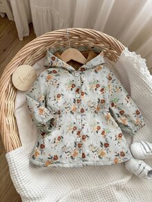 SHEIN 女嬰花卉可愛秋冬百搭保暖內裡連帽夾克 - 綠色 - 查看 4
