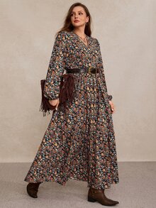 Freevana 女款大尺碼V領長袖長洋裝，碎花洋裝，收腰A字裙，優雅鄉村風穿搭，秋冬女裝 - 彩色 - 查看 5