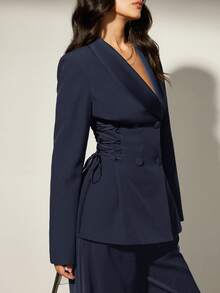 Aveloria Modichic 緞面拼接前綁帶女款西裝外套，優雅休閒西裝外套 + 休閒喇叭褲套裝，晚餐與職場穿搭，海軍藍，夏季 - 藏蓝色 - 查看 4
