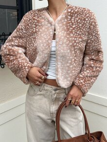 SHEIN EZwear 女款豹紋人造毛大衣 - 駝色 - 查看 5