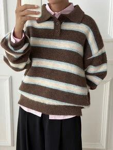 DAZY Sweater Kasual Urban Longgar Bergaris Blok Warna Berkerah untuk Wanita - Coklat - View 6