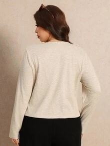 Elaquor Plus Size Autumn Casual Solid Color Front Button T-Shirt - Apricot - View 2