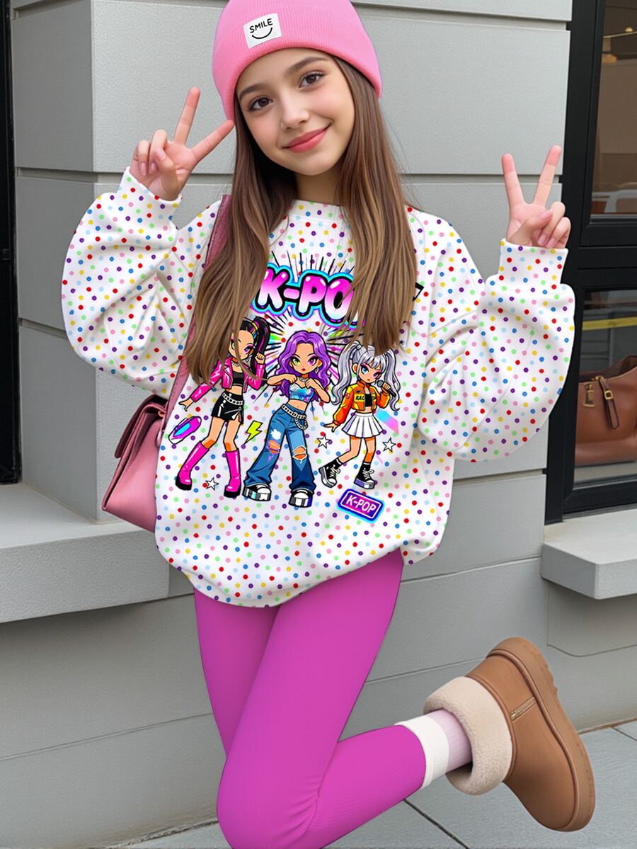 青少年女孩卡通印花長袖衛衣與長褲套裝 - 彩色 - 查看 1